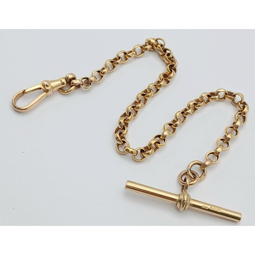 16 - A 9K Yellow Gold Belcher Link bracelet with Lobster Clasp and T-Bar. 17cm. 3.9g.