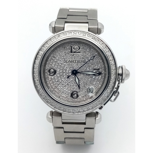 52 - A Pasha de Cartier Diamond Automatic Ladies Watch. Stainless steel bracelet and case - 36mm. Diamond... 
