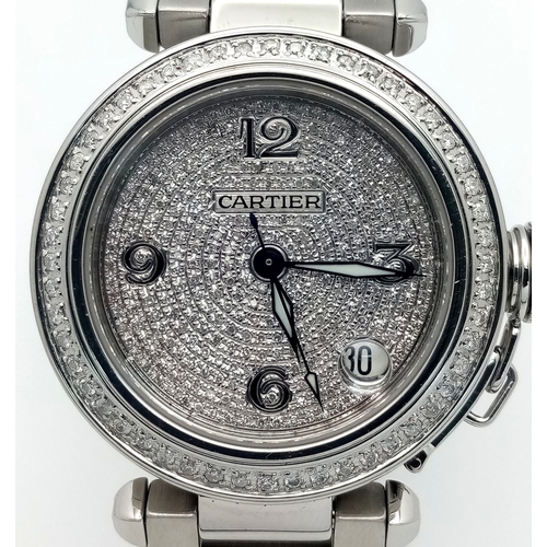 52 - A Pasha de Cartier Diamond Automatic Ladies Watch. Stainless steel bracelet and case - 36mm. Diamond... 