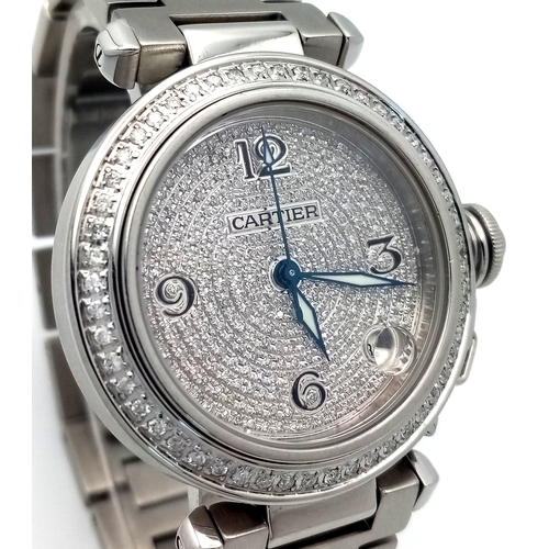 52 - A Pasha de Cartier Diamond Automatic Ladies Watch. Stainless steel bracelet and case - 36mm. Diamond... 
