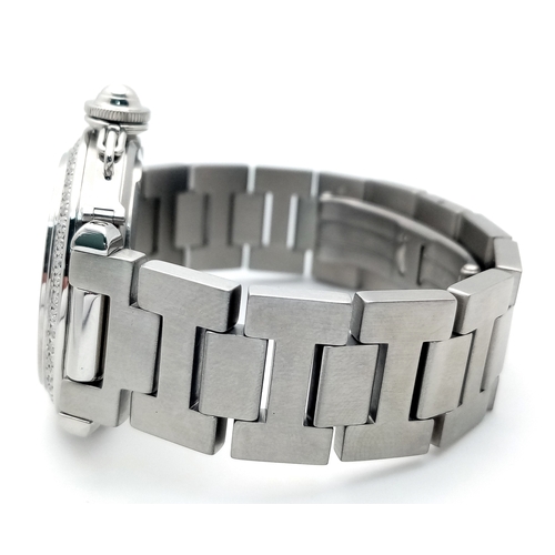 52 - A Pasha de Cartier Diamond Automatic Ladies Watch. Stainless steel bracelet and case - 36mm. Diamond... 