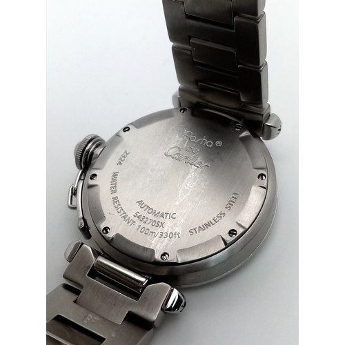 52 - A Pasha de Cartier Diamond Automatic Ladies Watch. Stainless steel bracelet and case - 36mm. Diamond... 
