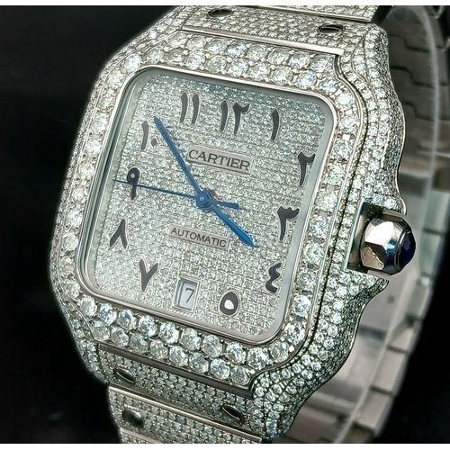 156 - A Custom Diamond Cartier Santos Automatic Gents Dress Watch. Model WSSA0009. Stainless steel diamond... 