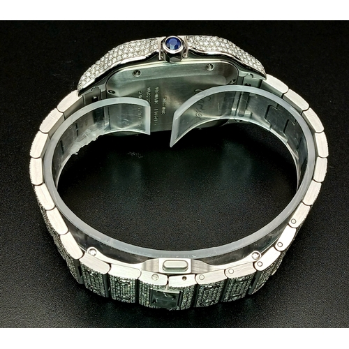 156 - A Custom Diamond Cartier Santos Automatic Gents Dress Watch. Model WSSA0009. Stainless steel diamond... 