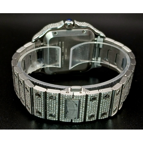 156 - A Custom Diamond Cartier Santos Automatic Gents Dress Watch. Model WSSA0009. Stainless steel diamond... 
