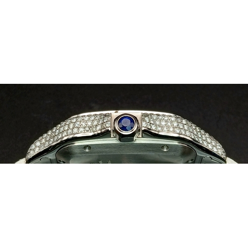 156 - A Custom Diamond Cartier Santos Automatic Gents Dress Watch. Model WSSA0009. Stainless steel diamond... 