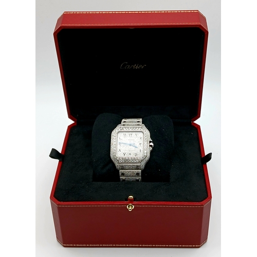 156 - A Custom Diamond Cartier Santos Automatic Gents Dress Watch. Model WSSA0009. Stainless steel diamond... 