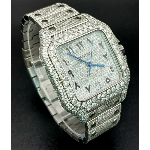 156 - A Custom Diamond Cartier Santos Automatic Gents Dress Watch. Model WSSA0009. Stainless steel diamond... 