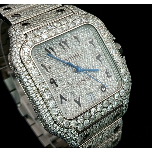156 - A Custom Diamond Cartier Santos Automatic Gents Dress Watch. Model WSSA0009. Stainless steel diamond... 