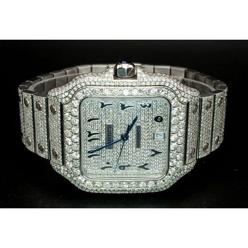 156 - A Custom Diamond Cartier Santos Automatic Gents Dress Watch. Model WSSA0009. Stainless steel diamond... 