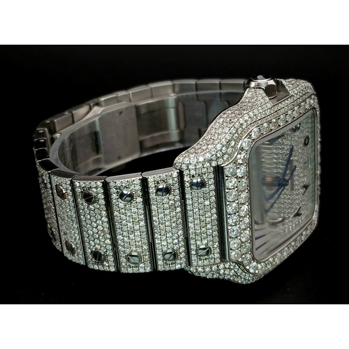 156 - A Custom Diamond Cartier Santos Automatic Gents Dress Watch. Model WSSA0009. Stainless steel diamond... 
