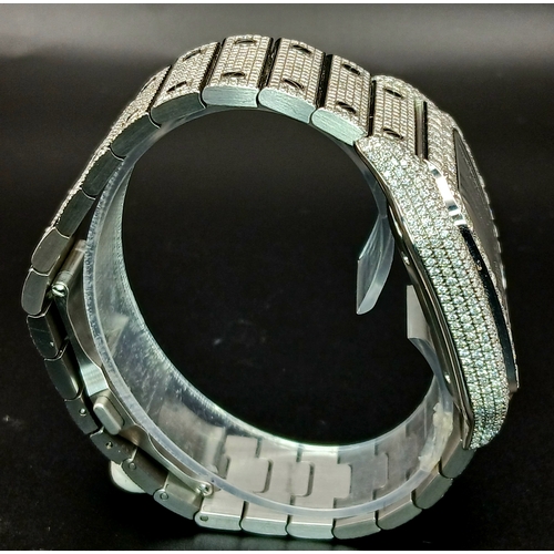 156 - A Custom Diamond Cartier Santos Automatic Gents Dress Watch. Model WSSA0009. Stainless steel diamond... 