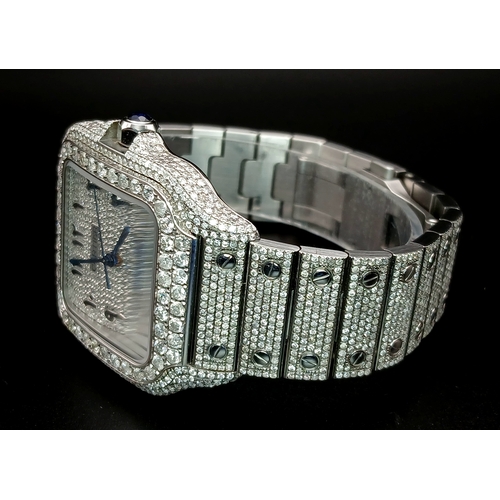 156 - A Custom Diamond Cartier Santos Automatic Gents Dress Watch. Model WSSA0009. Stainless steel diamond... 