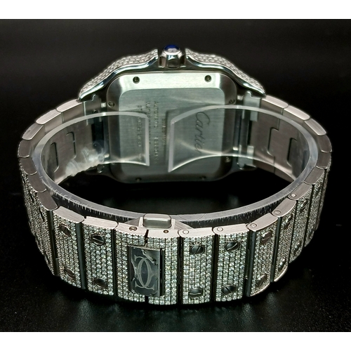 156 - A Custom Diamond Cartier Santos Automatic Gents Dress Watch. Model WSSA0009. Stainless steel diamond... 