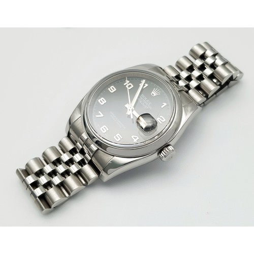 696 - A Rolex Oyster Perpetual Datejust Gents Watch. Stainless steel bracelet and case - 36mm. Black dial ... 