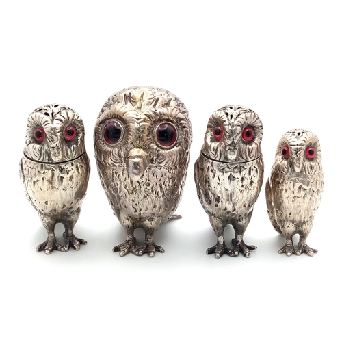 A Four Piece Antique English 19th Century, Silver Owl Cruet Set by George Richards and Edward Brown, London 1865. Comprising: a mustard pot, a pair of pepper pots and a salt pot. Modelled in standing positions with textured feather decoration. Height of mustard pot is 8cm, 5.5oz in weight. Note: In beautiful condition but could benefit from having a polish and a fitted case.