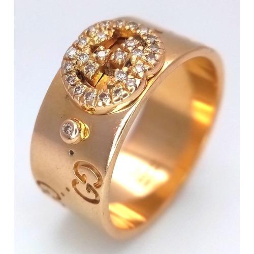 An 18K Yellow Gold, Gucci Gg, Diamond Set Band Ring. 10.8G, Size R. Tan 3002