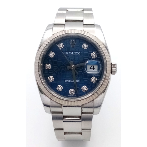 A Rolex Datejust Automatic Gents Watch. Model 116234. Stainless steel bracelet and case - 36mm. Ice blue dial with repetitive Rolex pattern and diamond markers. Fluted bezel. In good condition and working order. Comes with box, guarantee card, WCSA and Watch register report. Ref: 028739.