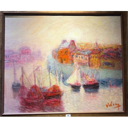 "By the River" by Vo Lang. 46 x 54 cm. Oil on canvas. Signed lower right.Jean Volang / Vo Lang (1921-2005), born in Hue, graduated from the Ecole des Beaux-Arts de l'Indochine in 1942. He settled in Paris in 1949, working as a painter, film producer, and book illustrator. His auction record reached over $64,000 at Sotheby's Hong Kong. This item is held at Cadmore ASIAN Office in Vietnam and will be shipped from there. Buyers will be responsible for direct shipping payments. Delivery will take slightly longer.