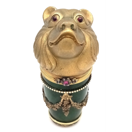 A Russian Style Silver Gilt and Diamond Bear Head Snuff/Pill Box. Jade Base with Ornate Gilded decoration. Approx 10cm height. Total weight: 141.3g. Comes with a presentation box. UK Mainland Shipping Only or arrange a courier service.