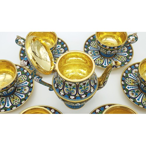10 - A Large Russian Style Enamelled Silver Gilt Tea Set. Comprising: one tea pot (approx 18cm height), s... 