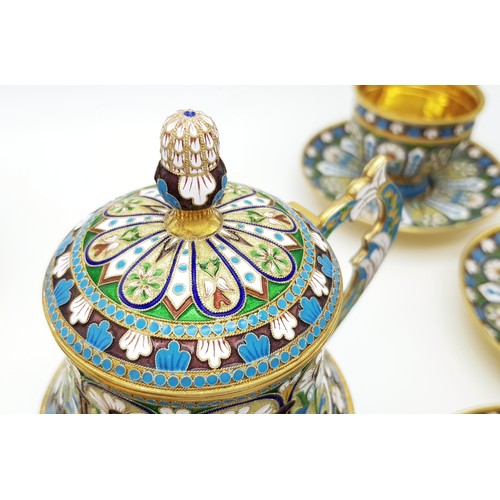 10 - A Large Russian Style Enamelled Silver Gilt Tea Set. Comprising: one tea pot (approx 18cm height), s... 