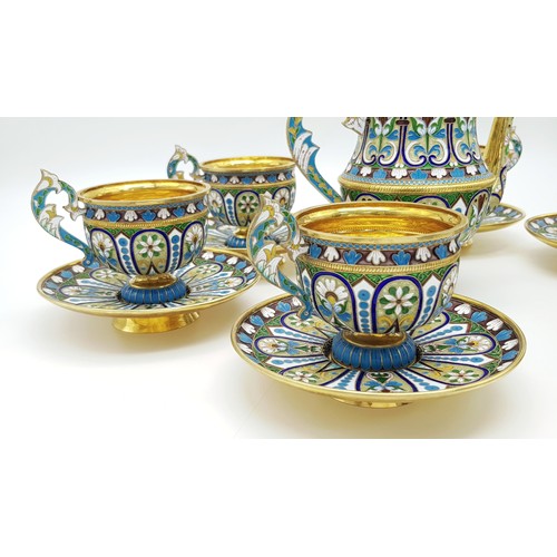 10 - A Large Russian Style Enamelled Silver Gilt Tea Set. Comprising: one tea pot (approx 18cm height), s... 