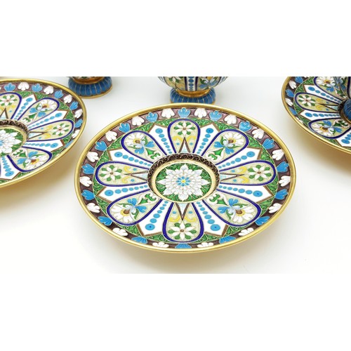 10 - A Large Russian Style Enamelled Silver Gilt Tea Set. Comprising: one tea pot (approx 18cm height), s... 