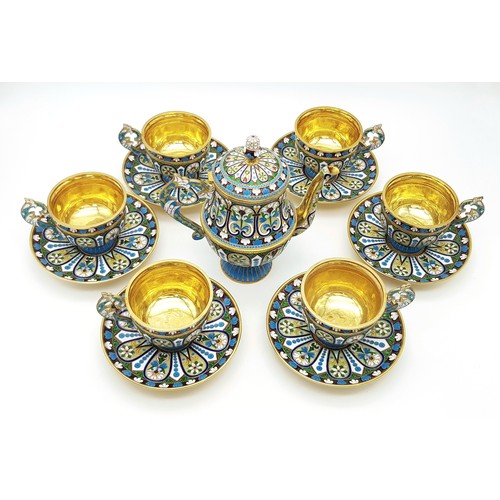 10 - A Large Russian Style Enamelled Silver Gilt Tea Set. Comprising: one tea pot (approx 18cm height), s... 