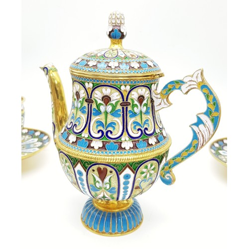 10 - A Large Russian Style Enamelled Silver Gilt Tea Set. Comprising: one tea pot (approx 18cm height), s... 
