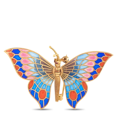 An 18K Rose Gold Plique-a-Jour Butterfly Brooch. The butterfly design is crafted using plique-a-jour, in which transparent enamel is applied between metal cells to let light through. It measures 1.50 inches long by 2.44 inches wide. Offered in good condition and includes a gift box. Total weight: 8.5 grams. *This item is held at Cadmore USA Office in Pennsylvania, USA and will be shipped from there. Buyers will be responsible for direct shipping payments.*