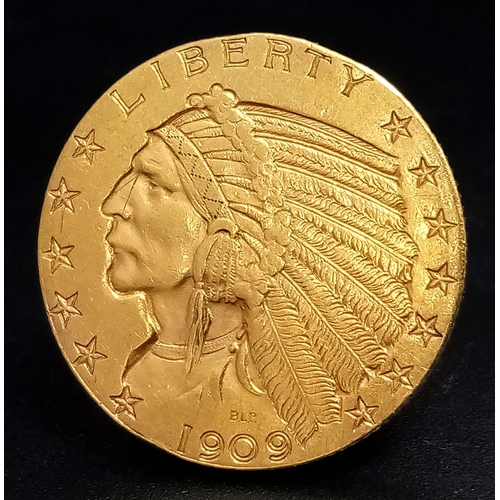 A 1909, DENVER MINT, INDIAN HEAD, 5 DOLLAR COIN. TOTAL WEIGHT 8.3G. C 5001