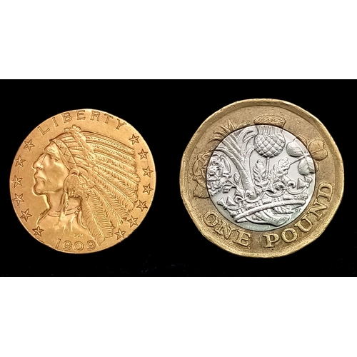 13 - A 1909, DENVER MINT, INDIAN HEAD, 5 DOLLAR COIN. TOTAL WEIGHT 8.3G. C 5001