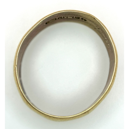 44 - A 9K Yellow Gold Wedding Band. 6.6mm Band Width, Size R. Total Weight 3.11 Grams.