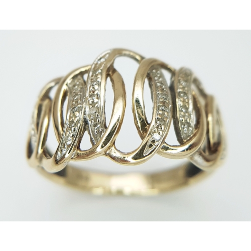 503 - A 9K YELLOW GOLD, DIAMOND SET, CIRCLES DESIGN RING. 3.4G, SIZE P. SC 5032