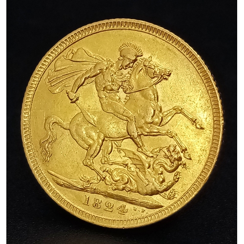 A Rare 1824 George IV Gold Sovereign Coin. Obverse with laureate head portrait of King George IV, reverse with St George and the Dragon design. Dated 1824. EF condition.