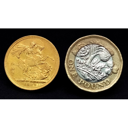 17 - A Rare 1824 George IV Gold Sovereign Coin. Obverse with laureate head portrait of King George IV, re... 