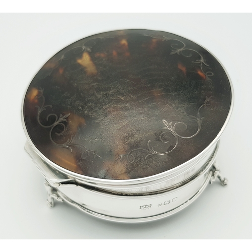 46 - An Antique Mappin & Webb Sterling Silver and Tortoise Shell Trinket Box. Velvet lining. Hallmarks fo... 