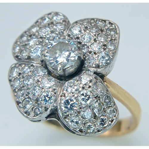 48 - AN 14K YELLOW GOLD, DIAMOND SET, FANCY FLOWER DESIGN RING. 1.50CTW. 5.2G, SIZE M/N. TAN 5003