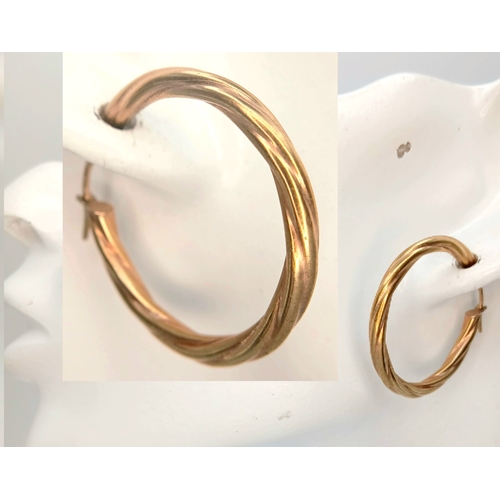 21 - Traditional Pair of 9 CARAT GOLD ‘BARLEY TWIST’ HOOP  EARRINGS. 1.9 Grams. 3.0 cm Diameter.