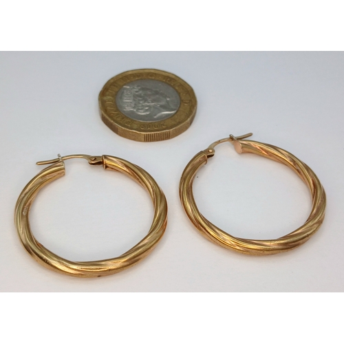 21 - Traditional Pair of 9 CARAT GOLD ‘BARLEY TWIST’ HOOP  EARRINGS. 1.9 Grams. 3.0 cm Diameter.