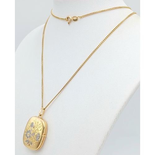 22 - A 9K GOLD LOCKET PENDANT ON A 56cms 9K GOLD NECK CHAIN WITH NICELY DECORATED FRONT AND UNUSUAL SQUAR... 