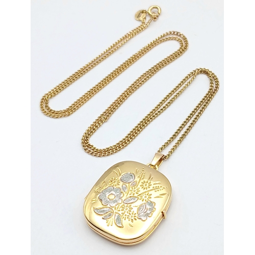 22 - A 9K GOLD LOCKET PENDANT ON A 56cms 9K GOLD NECK CHAIN WITH NICELY DECORATED FRONT AND UNUSUAL SQUAR... 