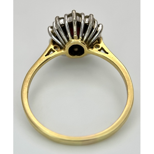 3 - AN 18K GOLD RING WITH RUBY CENTRE STONE SURROUNDED BY QUALITY DIAMONDS .        3.8gms    size O/P