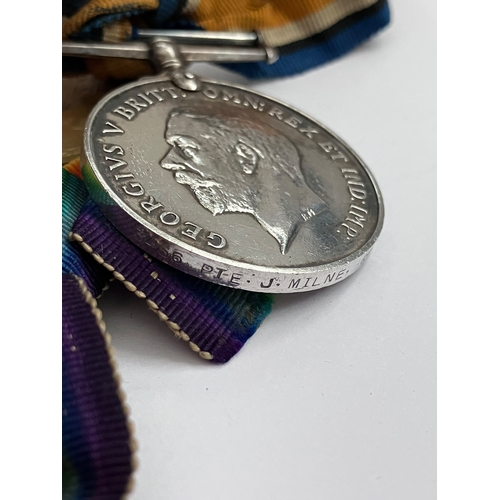 14 - Pair of WWI MEDALS to  include The WAR MEDAL and The VICTORY MEDAL. Awarded to Pte J MILNE of The Go... 