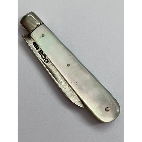 532 - Antique SILVER BLADED FRUIT KNIFE. Mother-of- Pearl Handle. Clear hallmark for J.Y. Cowlishaw, Sheff... 