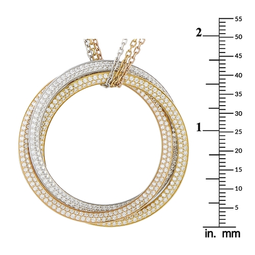59 - A Cartier Trinity 18K Rose, Yellow, and White Gold 2.60ct Diamond Necklace. The circular pendant ble... 