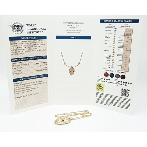 58 - A W.G.I Certified Stunning 18K Yellow Gold, Diamond and Emerald Panther Head Pendant - Presented on ... 