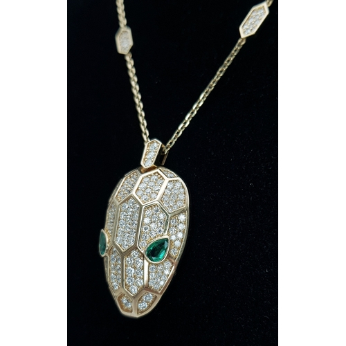 58 - A W.G.I Certified Stunning 18K Yellow Gold, Diamond and Emerald Panther Head Pendant - Presented on ... 