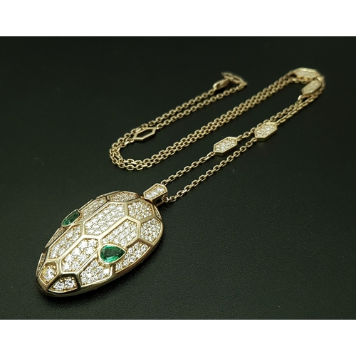 58 - A W.G.I Certified Stunning 18K Yellow Gold, Diamond and Emerald Panther Head Pendant - Presented on ... 